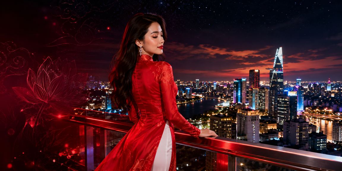 Cô gái mặc áo dài truyền thống Việt Nam sử dụng ứng dụng nạp tiền thưởng tại Hồ Chí Minh
